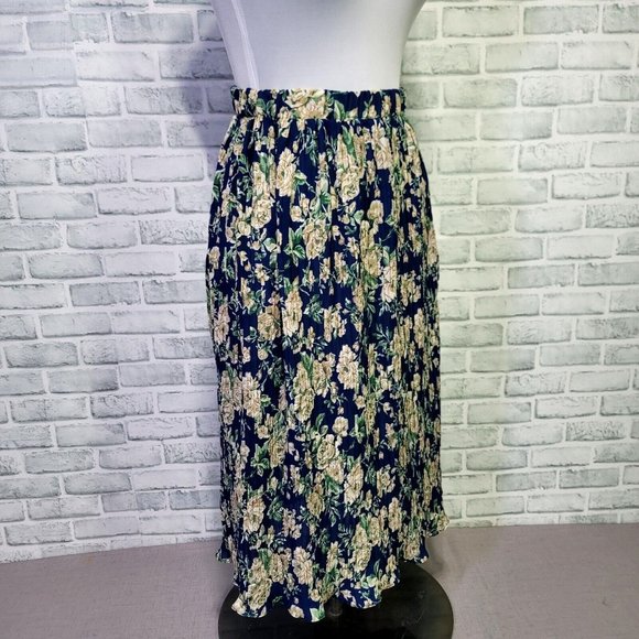 Vintage 90s Lisa Jo M Blue Floral Pleated Semi Sheer Double Georgette‎ Skirt - Picture 5 of 8